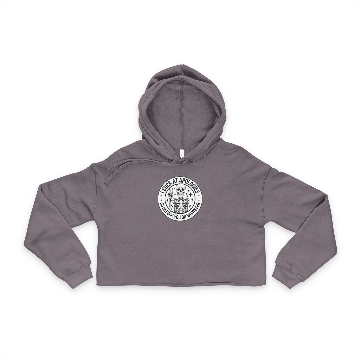 Mauve cropped hoodie with white sassy skeleton graphic