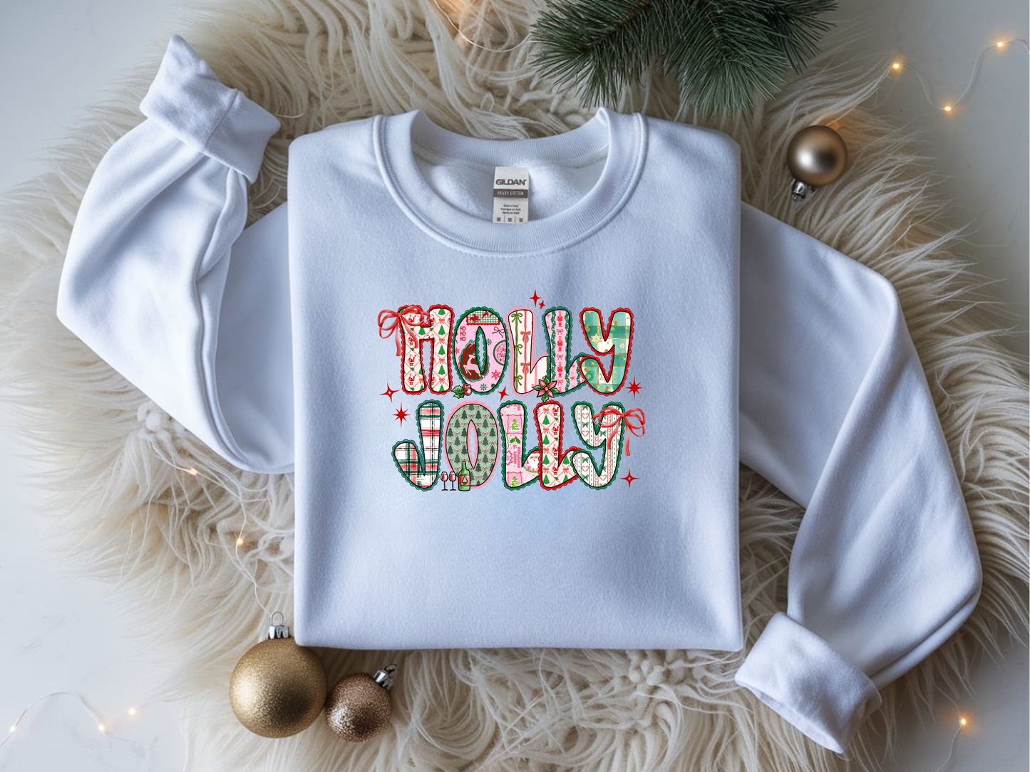 Holly Jolly Patchwork Christmas crewneck sweatshirt – cute festive holiday design with Santa, bows, and seasonal prints