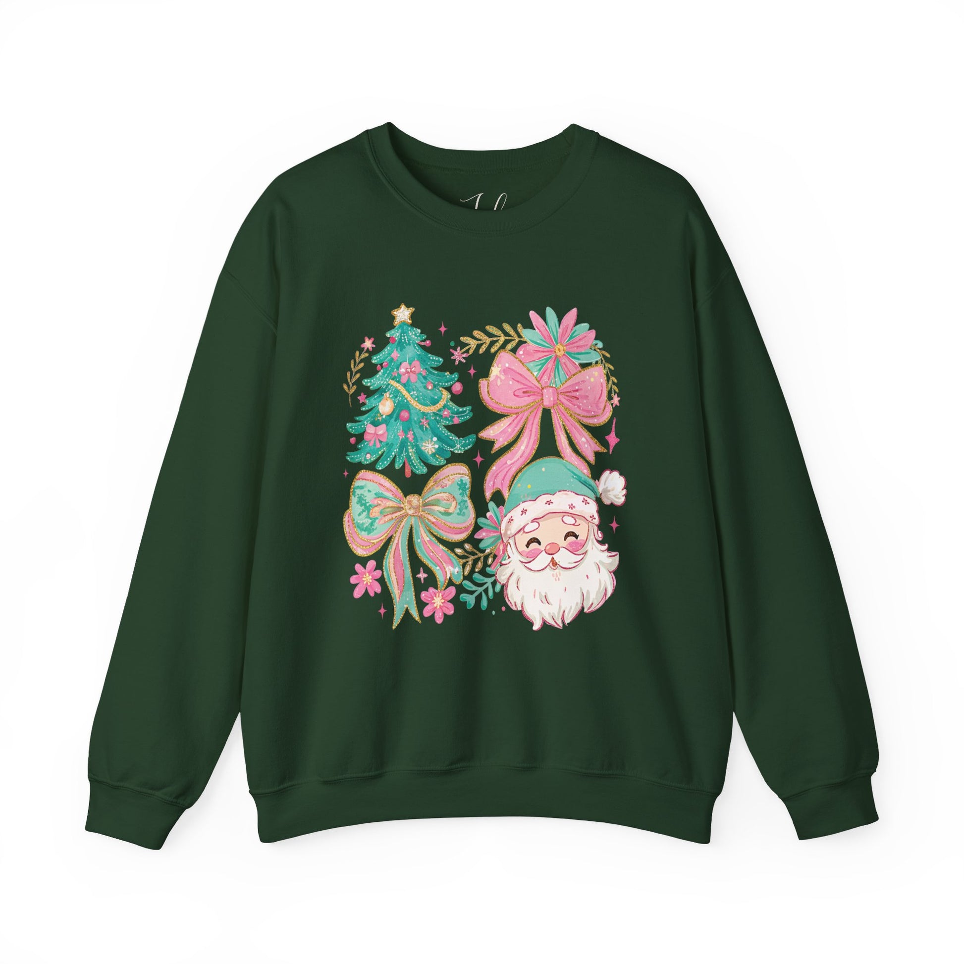Forest green crewneck sweatshirt with pastel floral Santa and botanical tree artwork.
