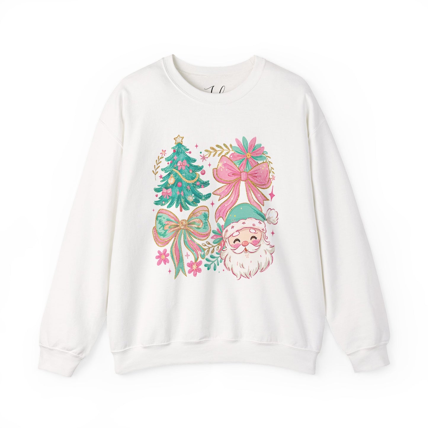 White crewneck with pastel floral Santa design on front