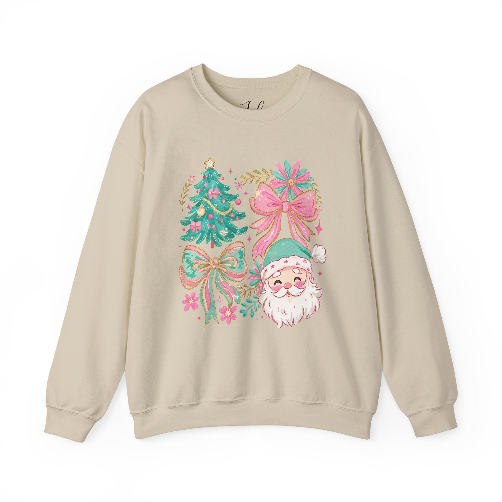 Sand-beige crewneck sweatshirt featuring pastel floral Santa and pink bow Christmas tree design