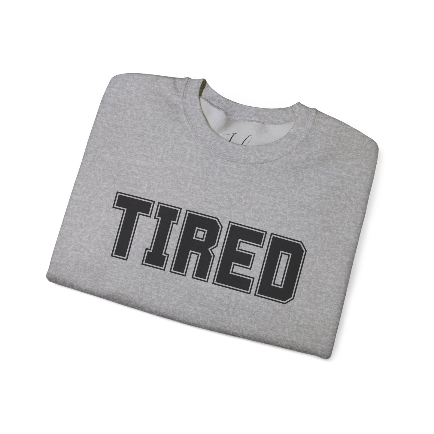 Grey “Tired” crewneck folded flat