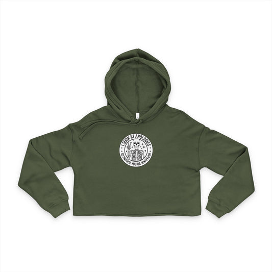 Olive green cropped hoodie with sassy skeleton graphic on front