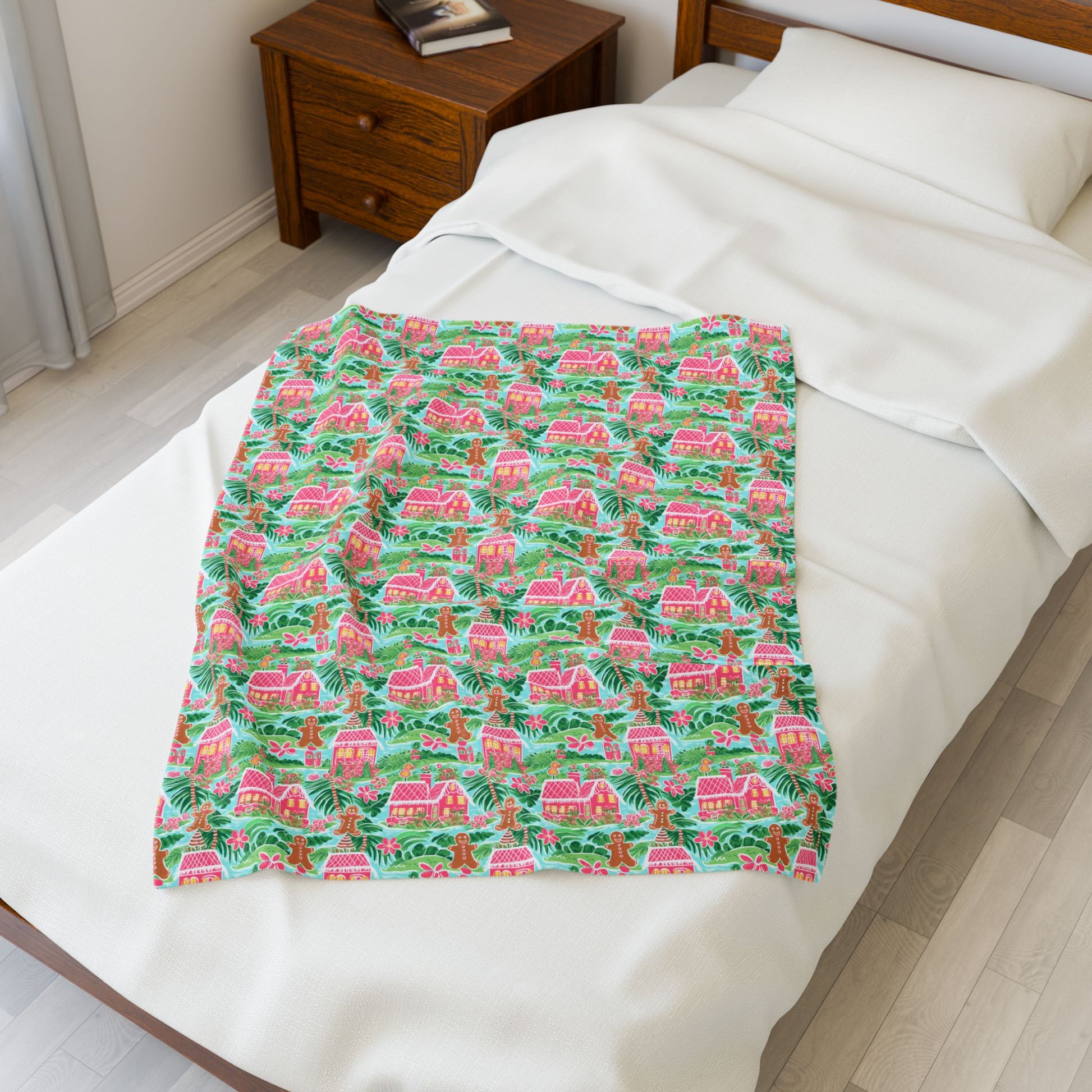 Preppy gingerbread minky blanket throw – cozy Christmas holiday blanket with bright pattern.