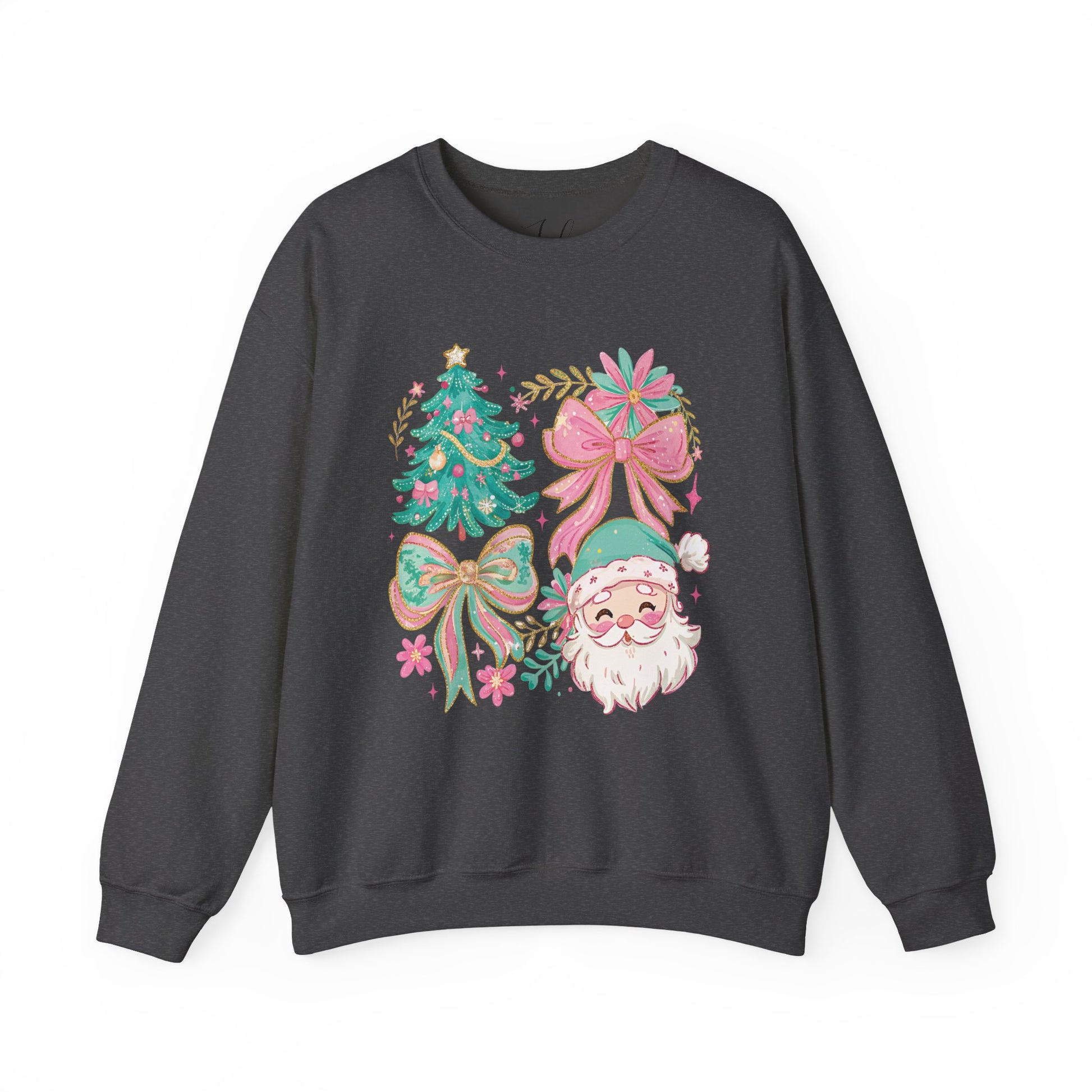 Charcoal gray crewneck sweatshirt featuring pastel Christmas tree and Santa illustration.