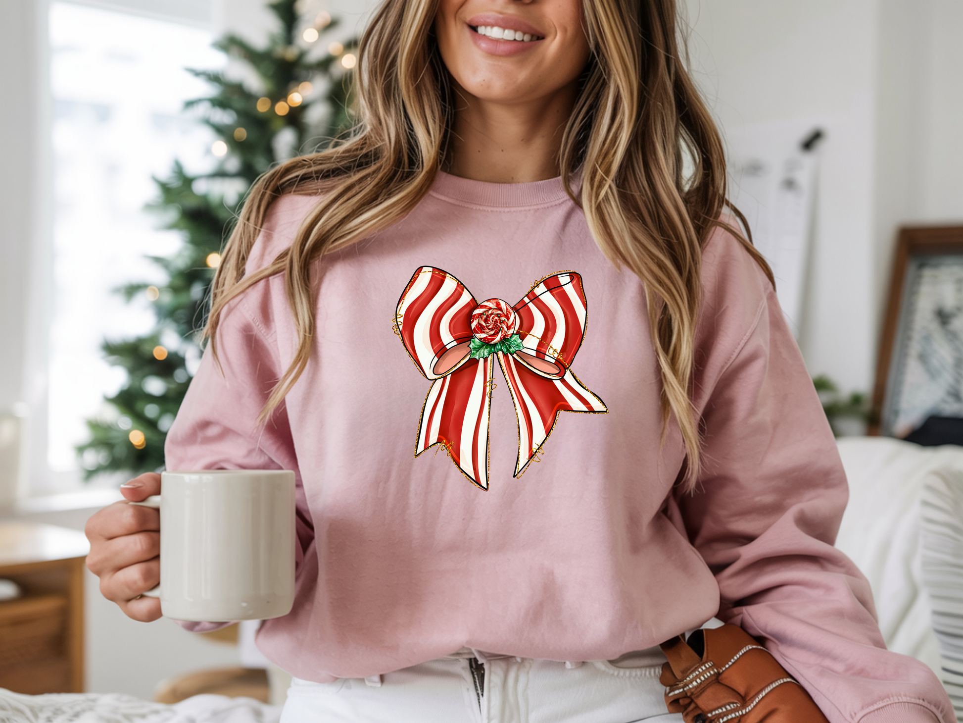 Peppermint Wishes Christmas crewneck sweatshirt for women.
