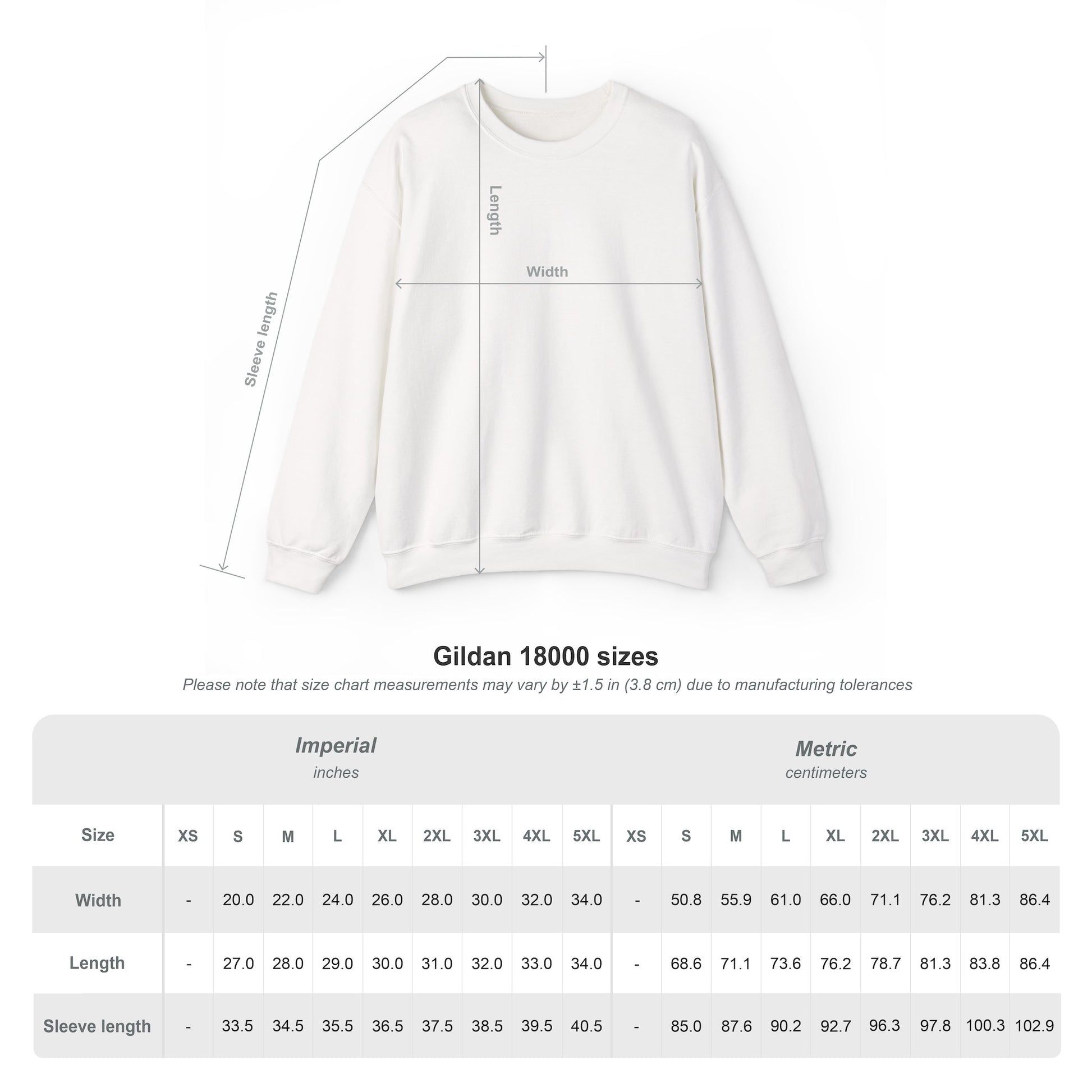 White sweatshirt flat lay with sizing chart beneath.