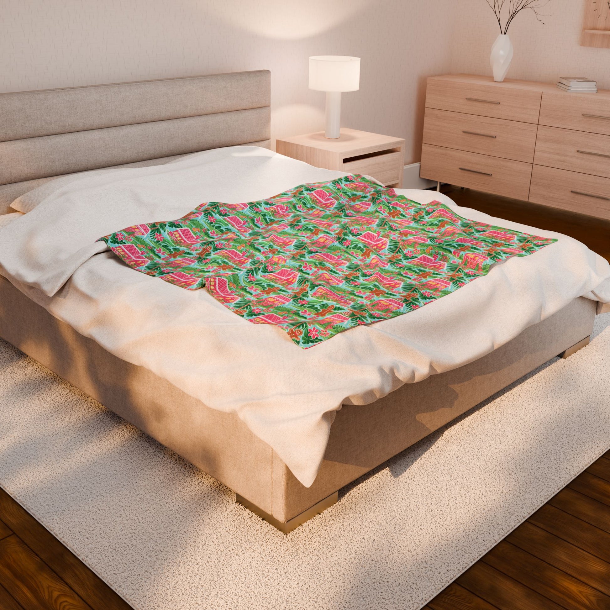 Preppy gingerbread minky blanket throw – cozy Christmas holiday blanket with bright pattern.