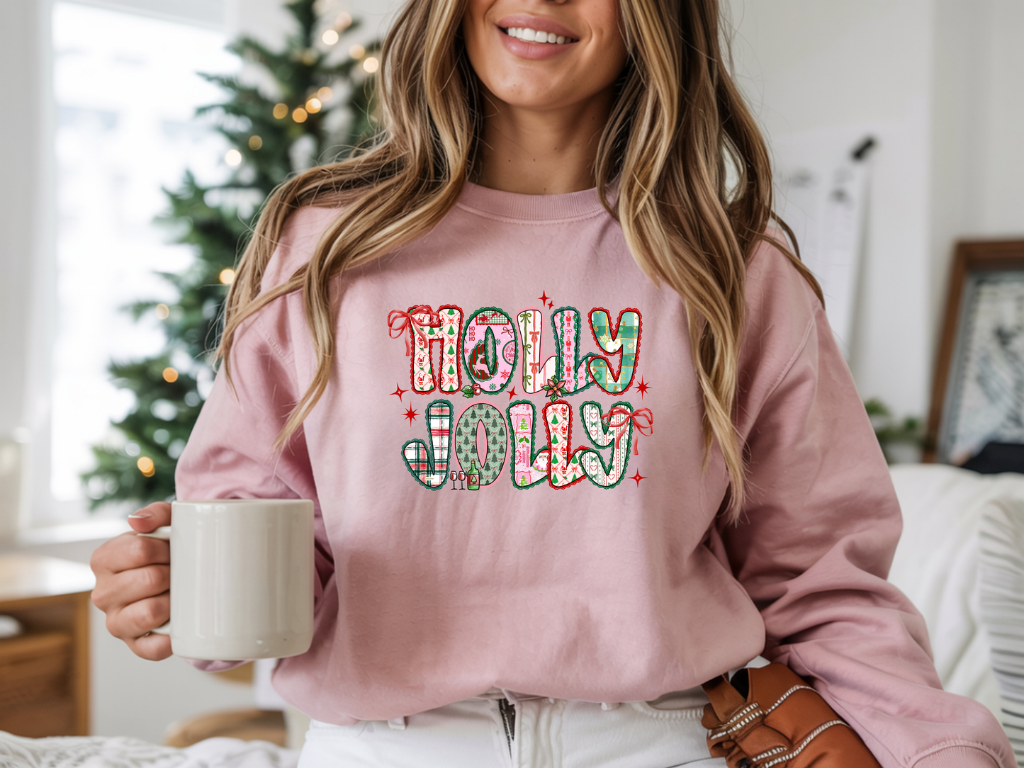 Holly Jolly Patchwork Christmas crewneck sweatshirt – cute festive holiday design with Santa, bows, and seasonal prints