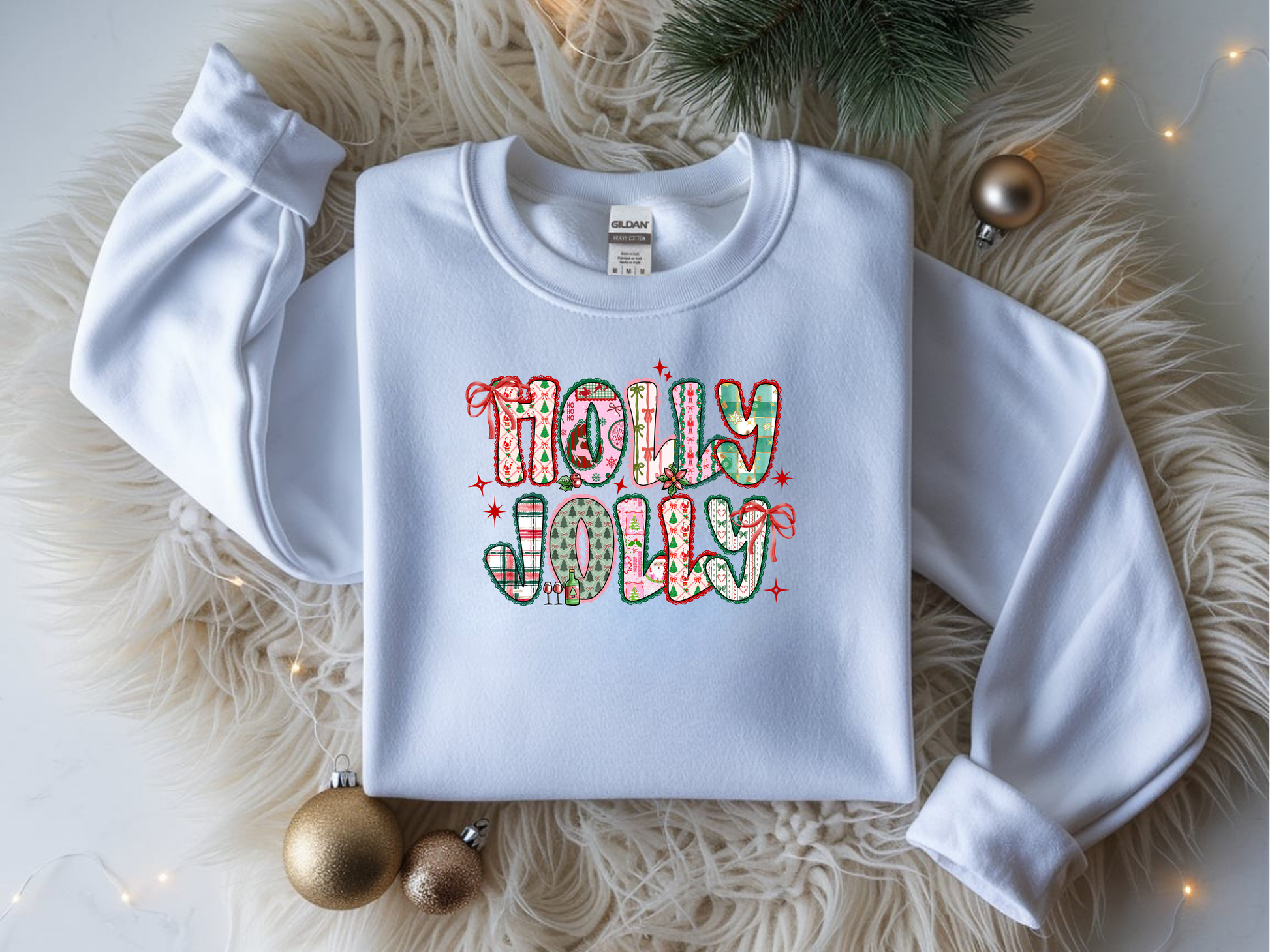 Holly Jolly Patchwork Christmas crewneck sweatshirt – cute festive holiday design with Santa, bows, and seasonal prints