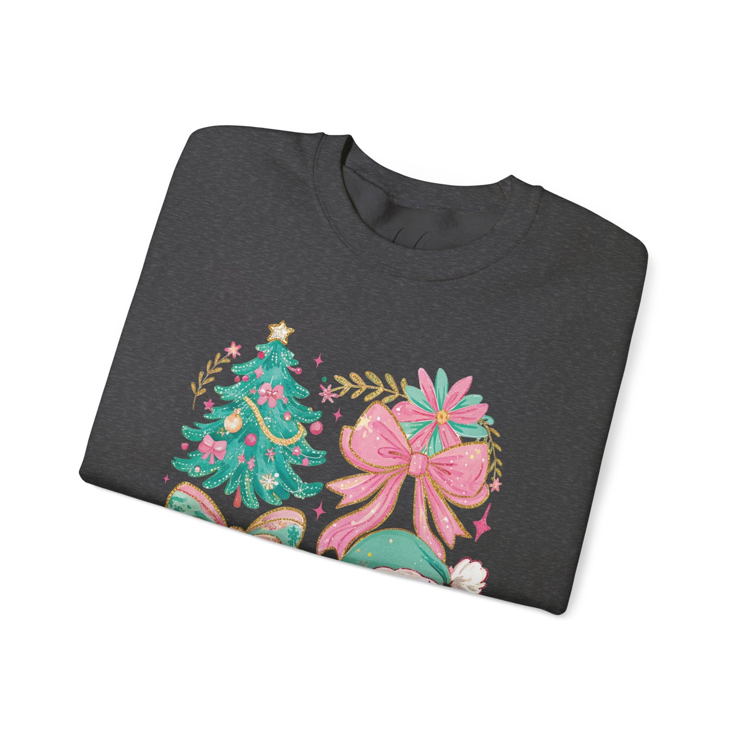 Dark gray folded crewneck with pastel Santa and floral Christmas tree graphic.