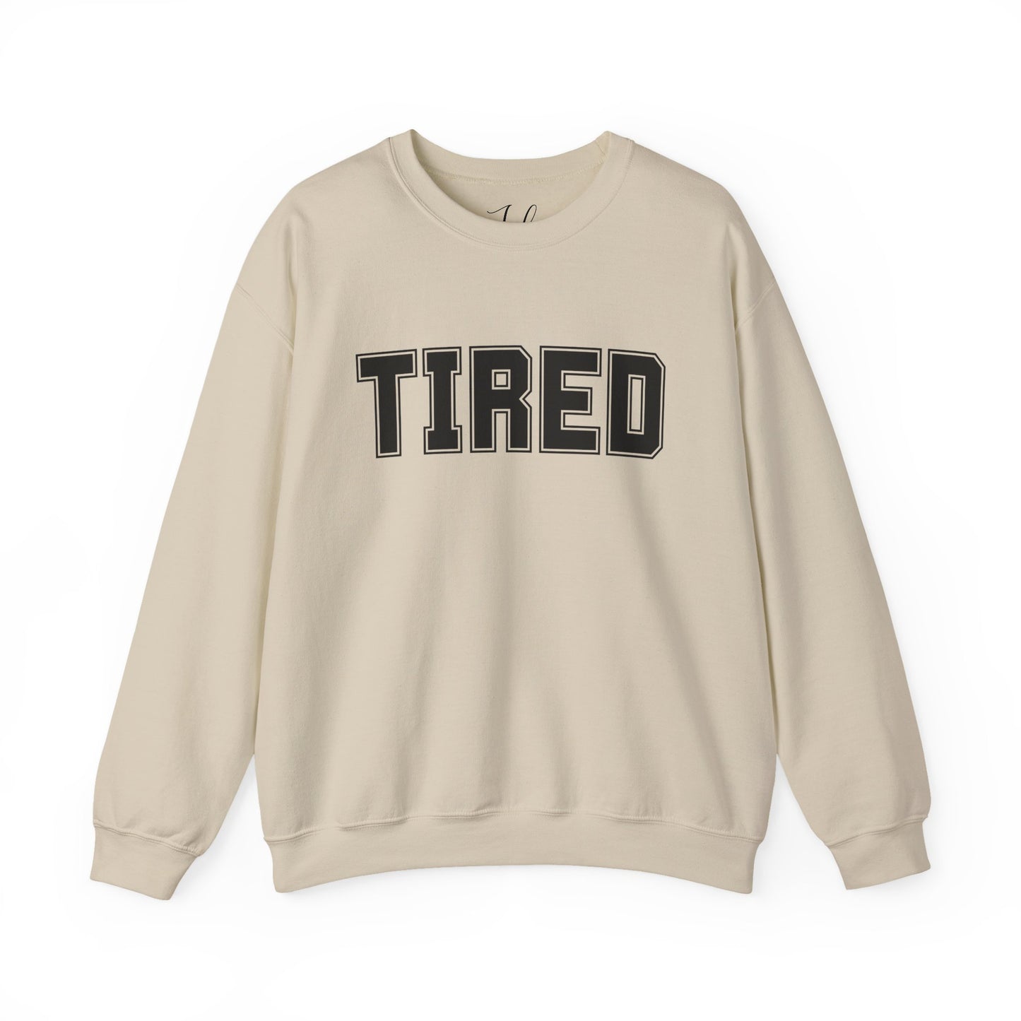 Neutral beige “Tired” crewneck sweatshirt flat lay