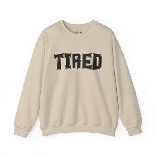 Neutral beige “Tired” crewneck sweatshirt flat lay