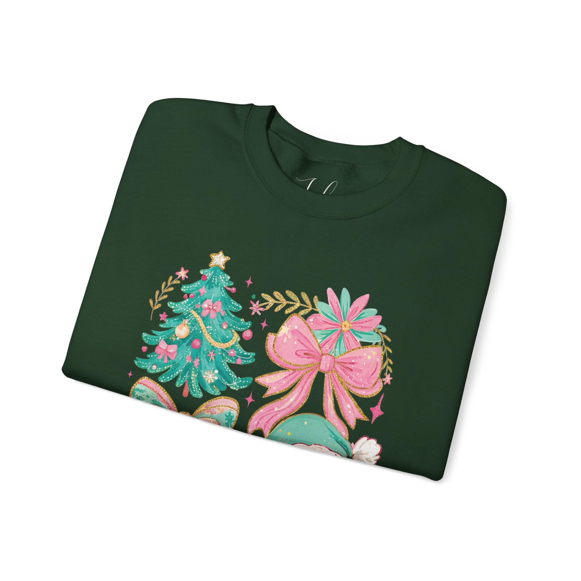 Forest green folded crewneck with pastel floral Christmas tree and Santa artwork.