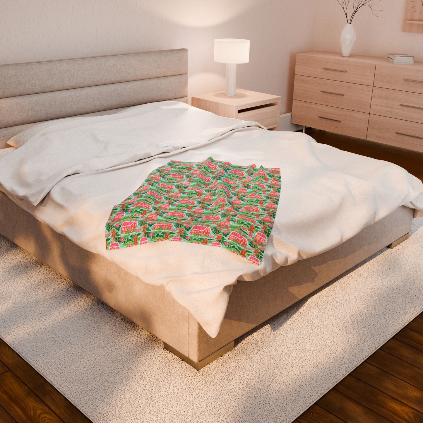 Preppy gingerbread minky blanket throw – cozy Christmas holiday blanket with bright pattern.