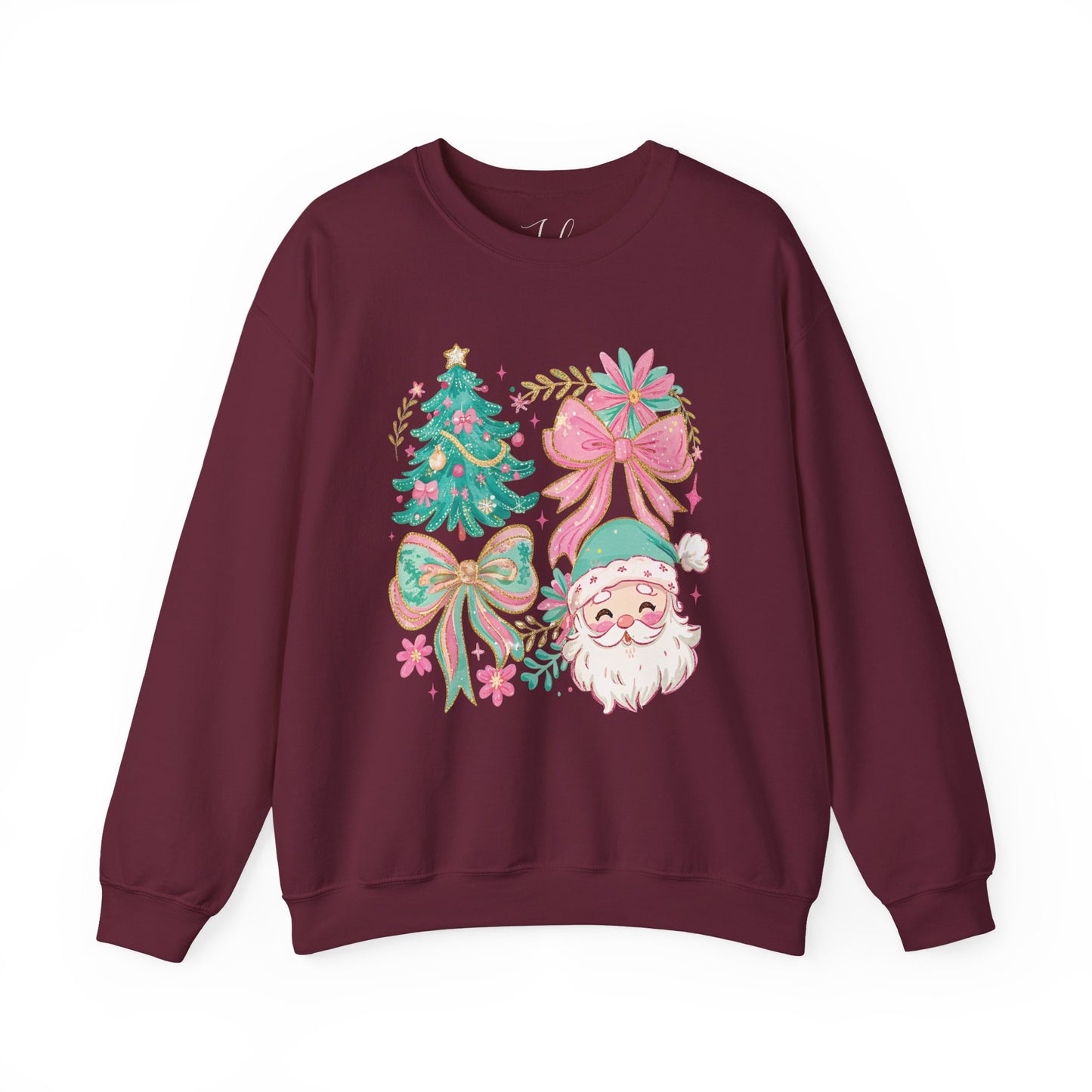 Maroon crewneck sweatshirt with floral Christmas tree and pastel Santa graphic.
