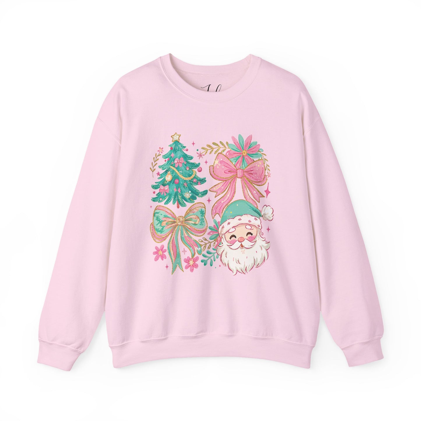 Pink crewneck sweatshirt with pastel floral Christmas tree and Santa bow design.