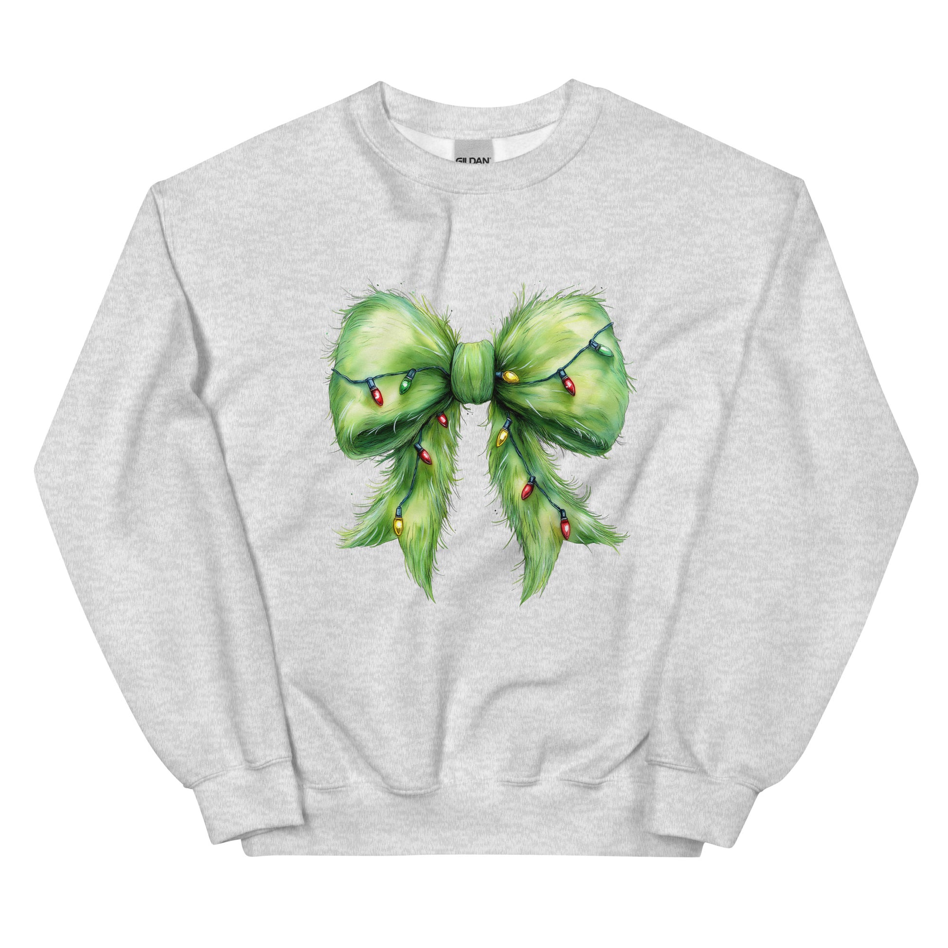 Festive crewneck sweatshirt with green Christmas bow design