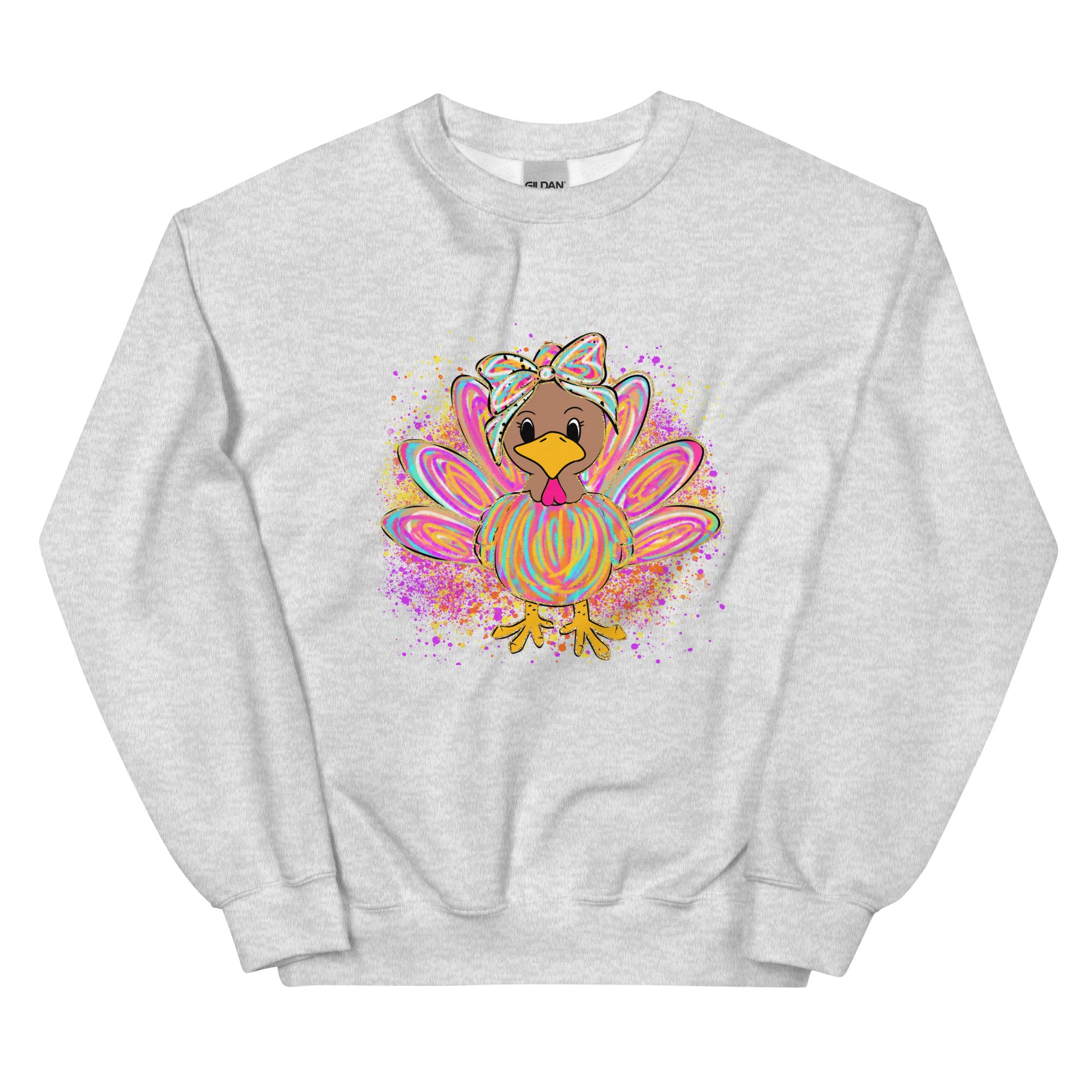 Festive pastel turkey graphic crewneck sweatshirt design displayed on assorted colors.