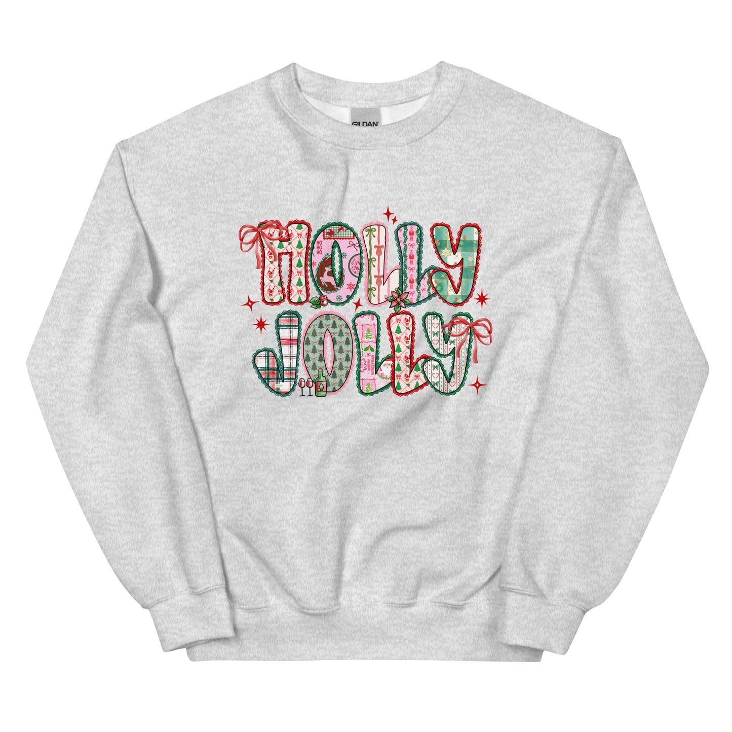 Holly Jolly Patchwork Christmas crewneck sweatshirt – cute festive holiday design with Santa, bows, and seasonal prints