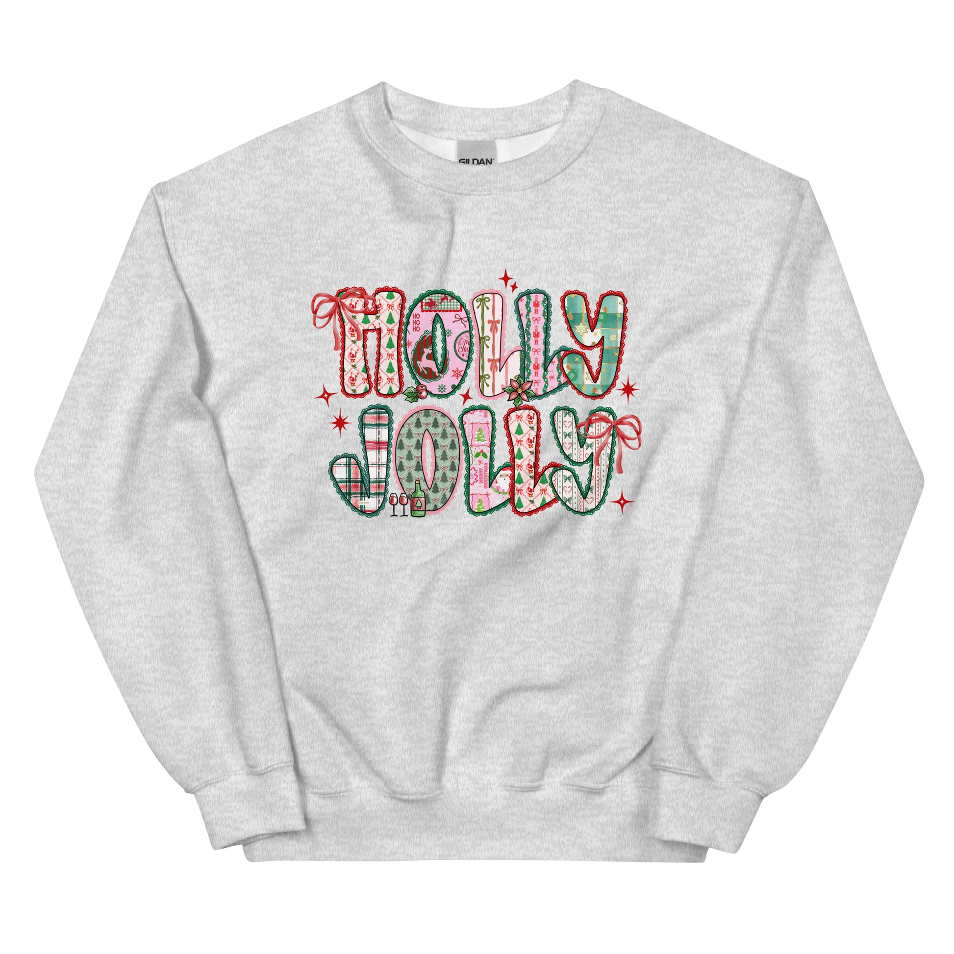 Holly Jolly Patchwork Christmas crewneck sweatshirt – cute festive holiday design with Santa, bows, and seasonal prints