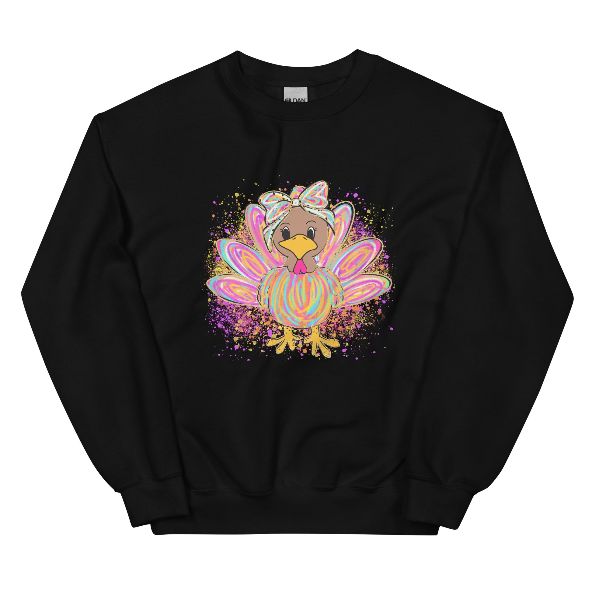 Festive pastel turkey graphic crewneck sweatshirt design displayed on assorted colors.Product mockup