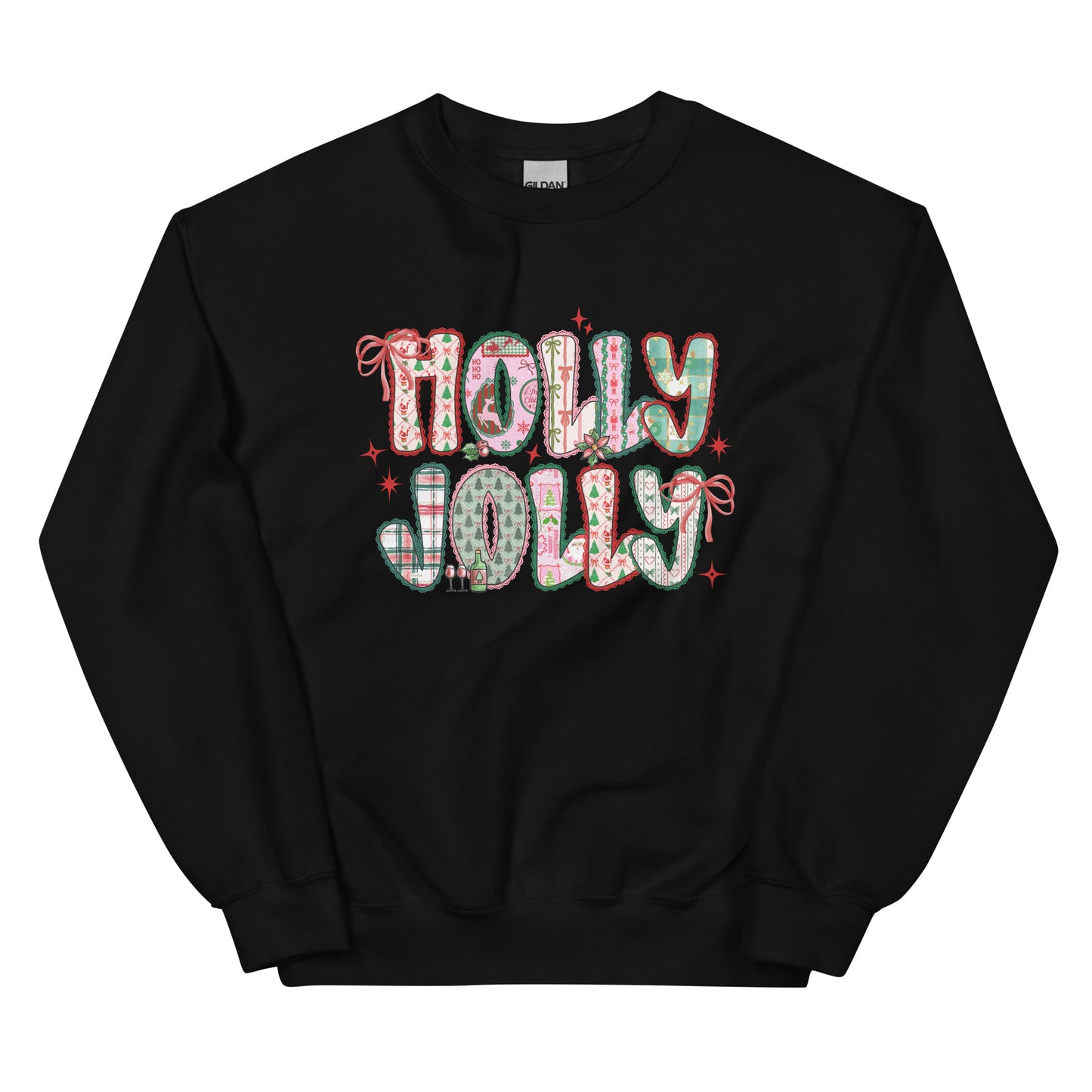 Holly Jolly Patchwork Christmas crewneck sweatshirt – cute festive holiday design with Santa, bows, and seasonal prints