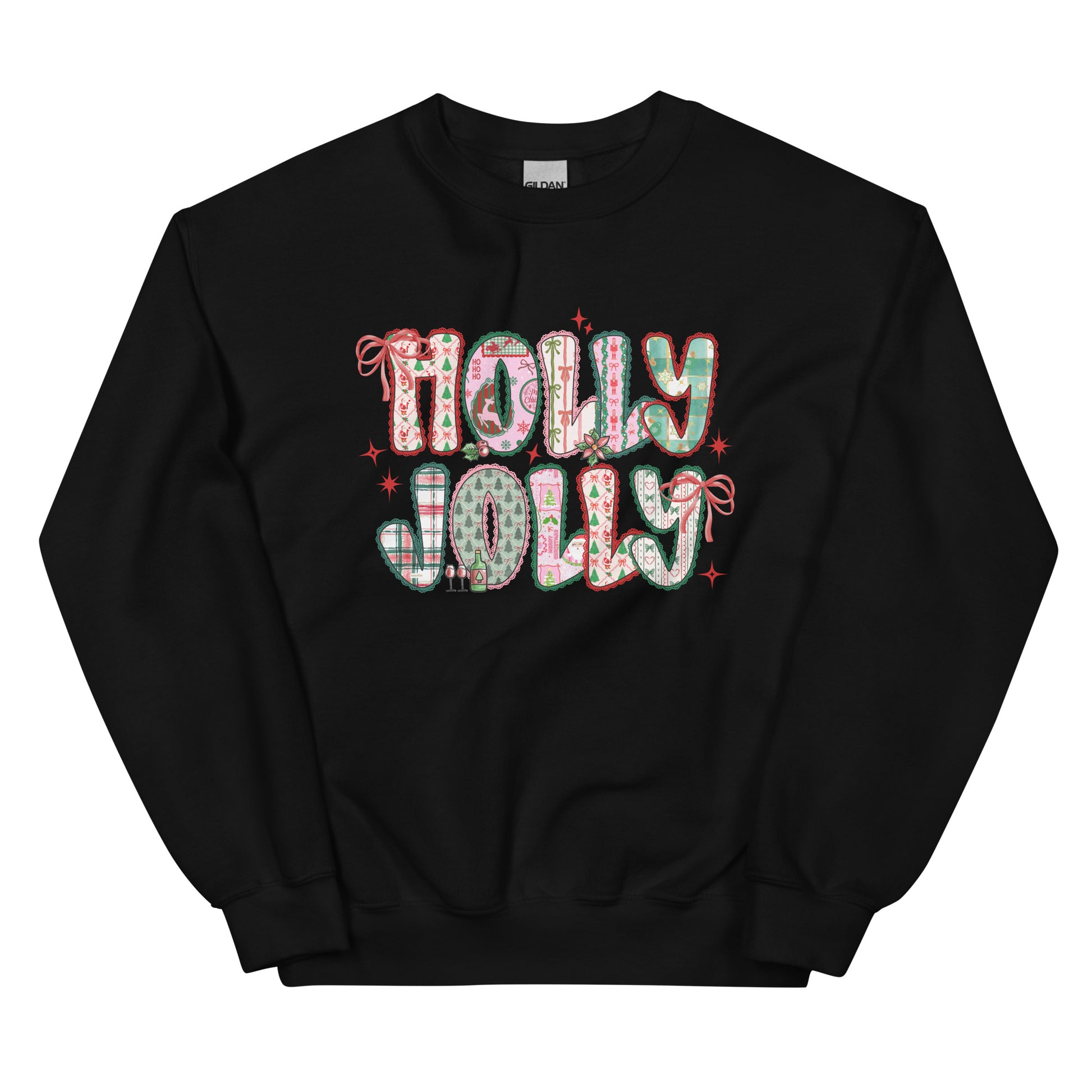 Holly Jolly Patchwork Christmas crewneck sweatshirt – cute festive holiday design with Santa, bows, and seasonal prints