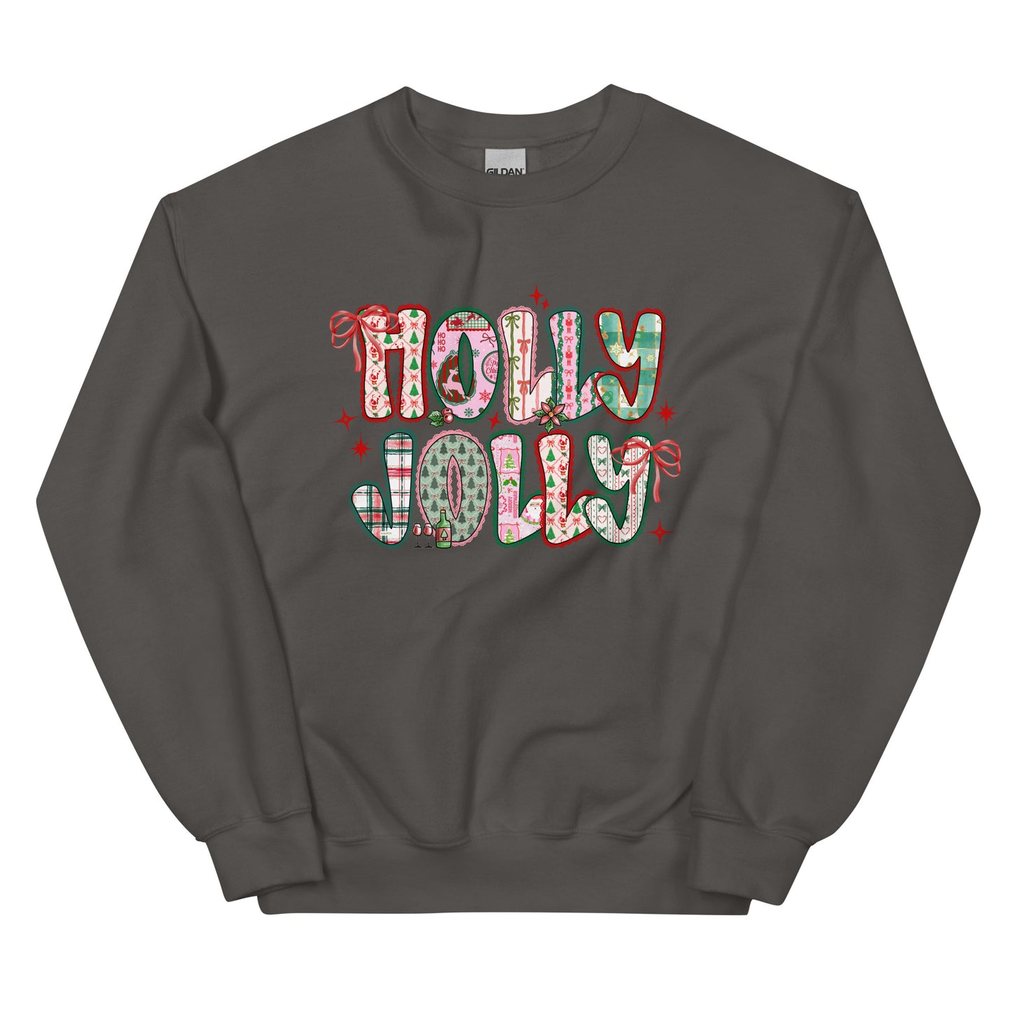 Holly Jolly Patchwork Christmas crewneck sweatshirt – cute festive holiday design with Santa, bows, and seasonal prints