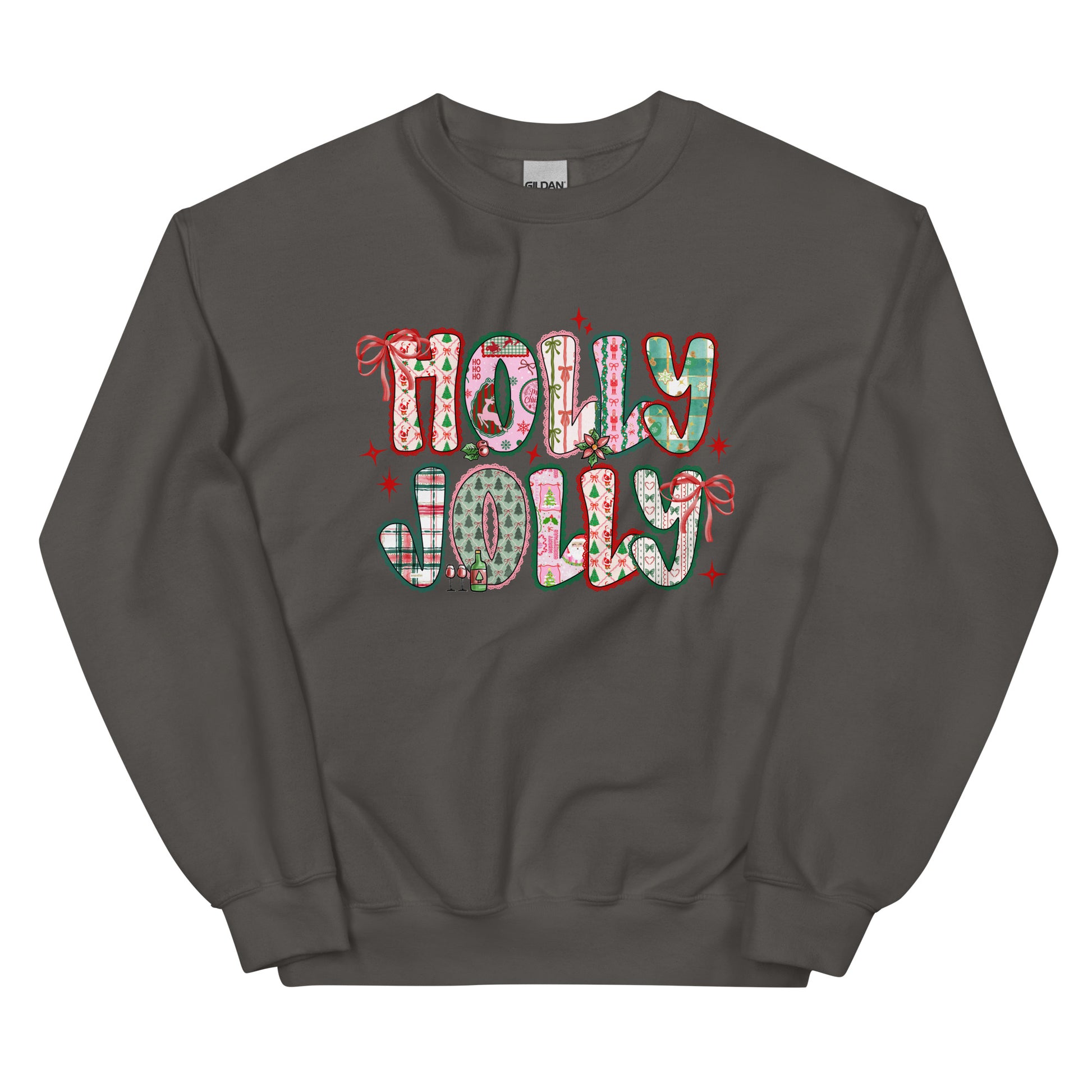 Holly Jolly Patchwork Christmas crewneck sweatshirt – cute festive holiday design with Santa, bows, and seasonal prints