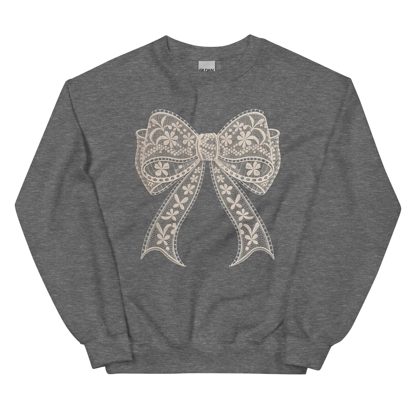Lace Coquette Bow Crewneck Sweatshirt – aesthetic soft-girl pullover with lace bow graphic.