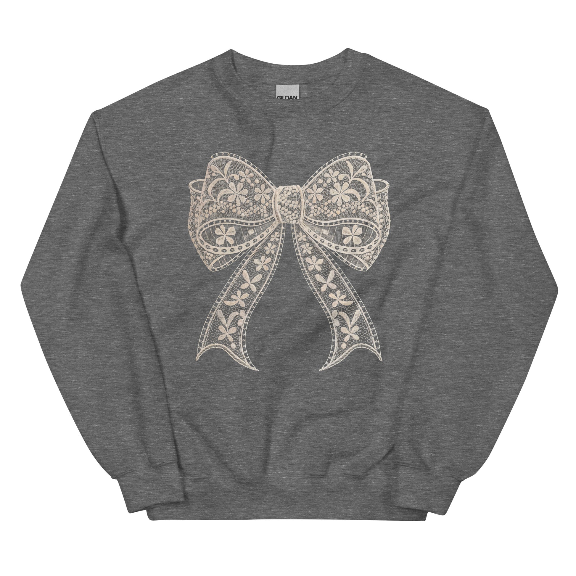 Lace Coquette Bow Crewneck Sweatshirt – aesthetic soft-girl pullover with lace bow graphic.