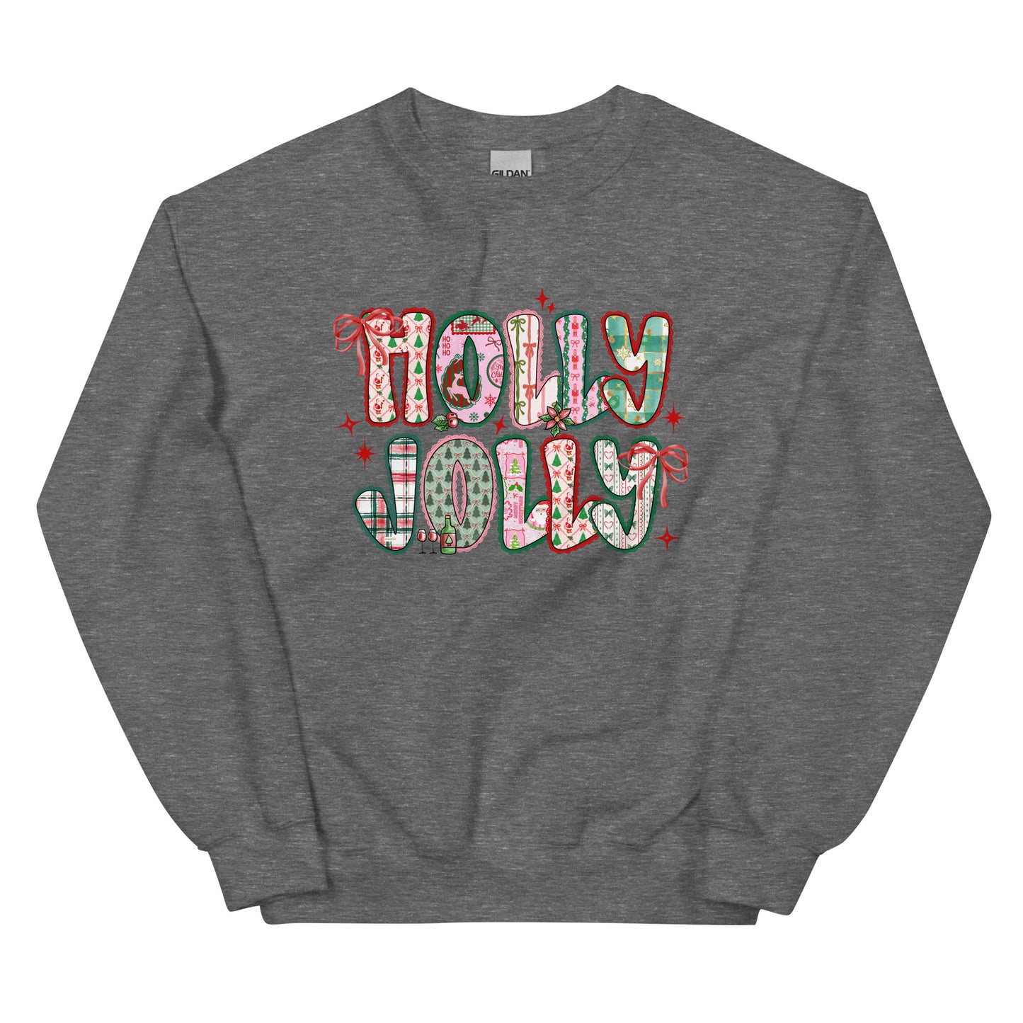 Holly Jolly Patchwork Christmas crewneck sweatshirt – cute festive holiday design with Santa, bows, and seasonal prints