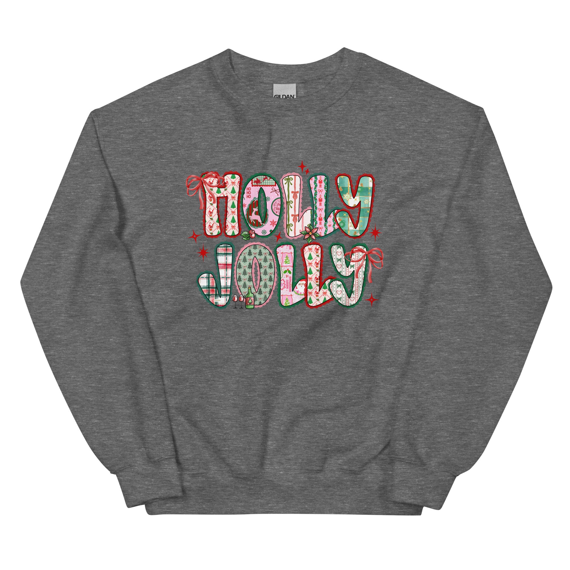 Holly Jolly Patchwork Christmas crewneck sweatshirt – cute festive holiday design with Santa, bows, and seasonal prints