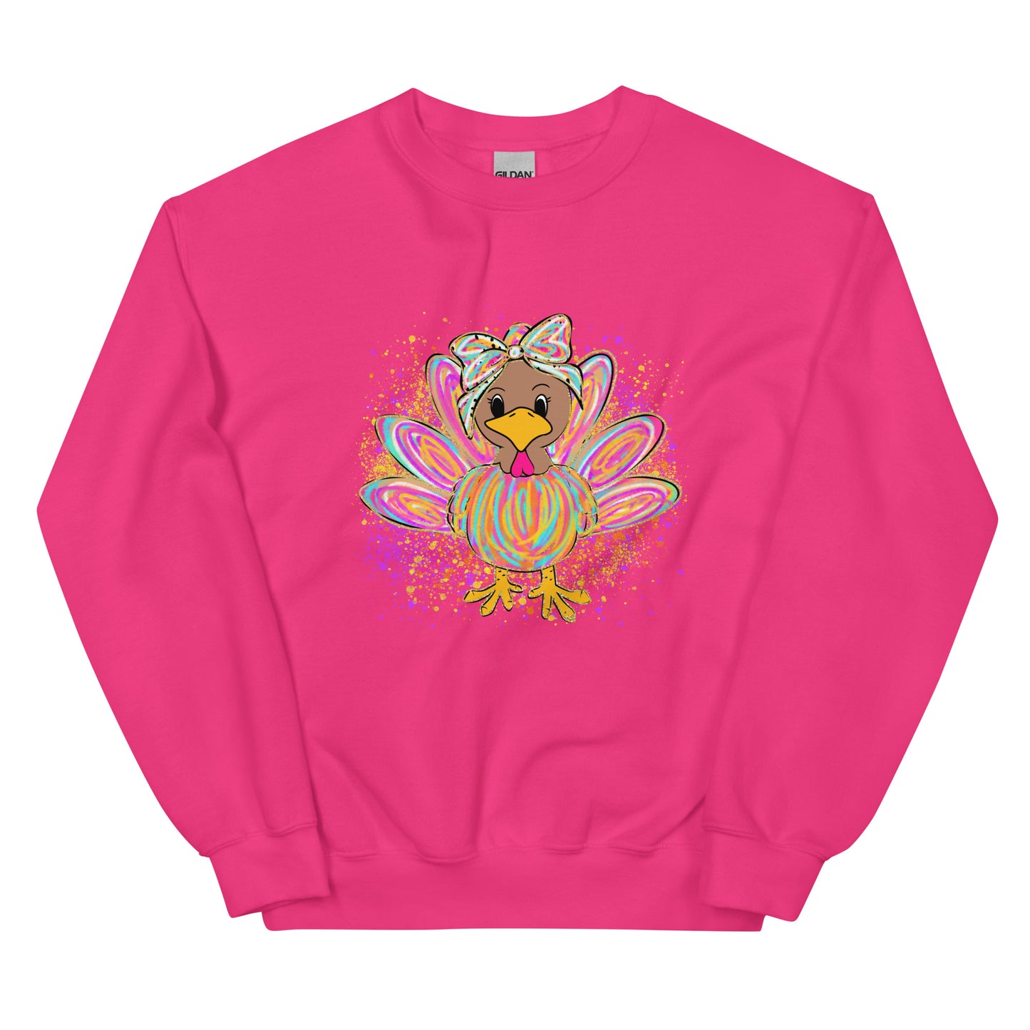 Festive pastel turkey graphic crewneck sweatshirt design displayed on assorted colors.