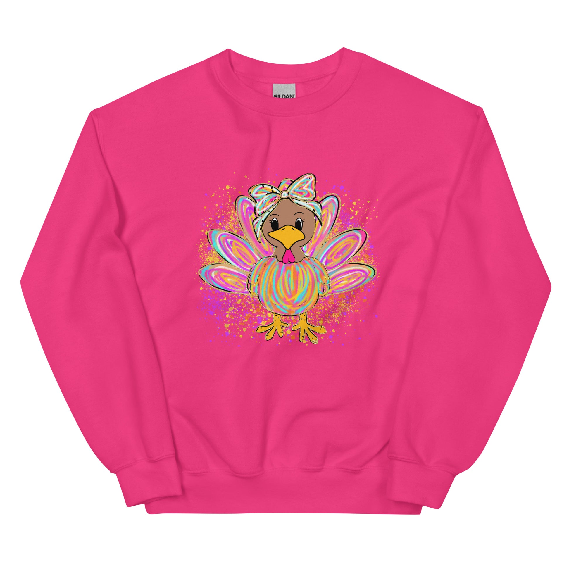 Festive pastel turkey graphic crewneck sweatshirt design displayed on assorted colors.