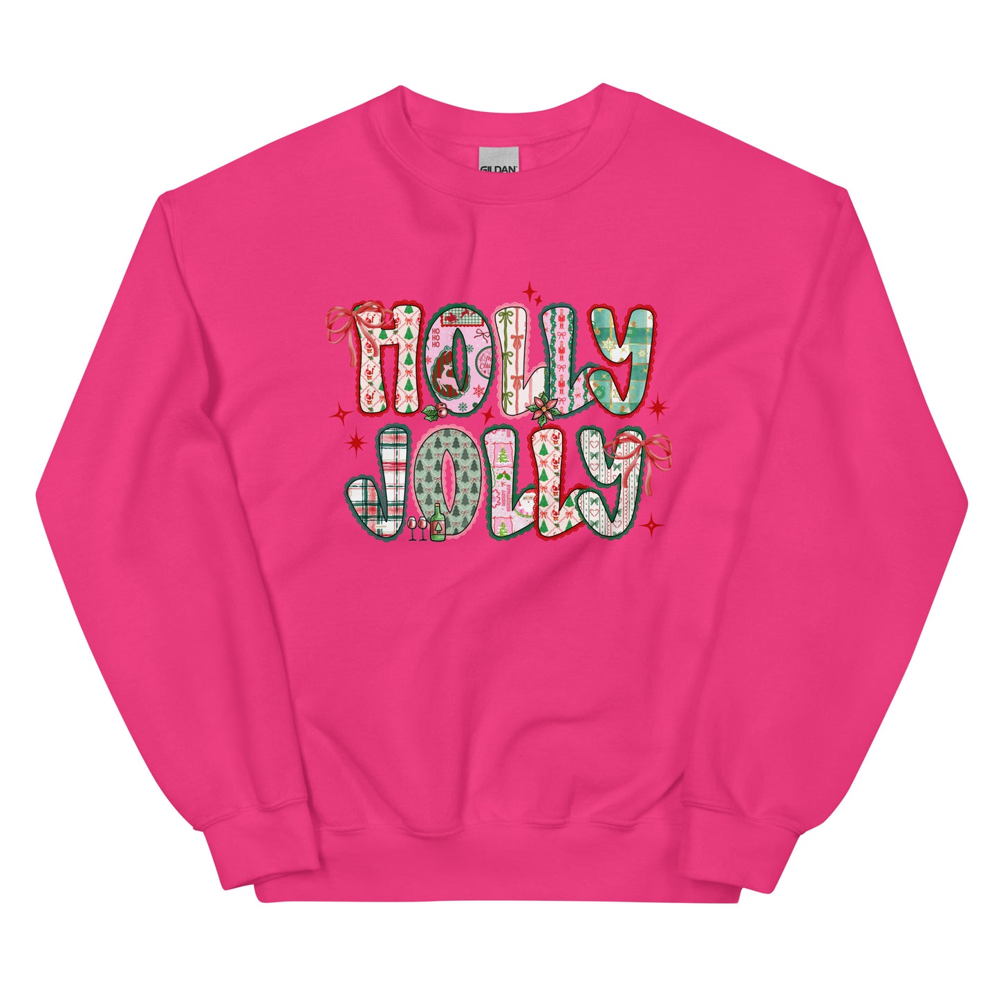 Holly Jolly Patchwork Christmas crewneck sweatshirt – cute festive holiday design with Santa, bows, and seasonal prints
