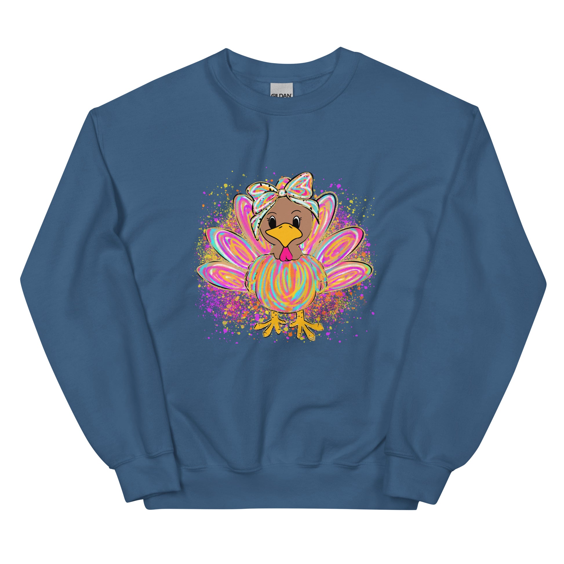 Festive pastel turkey graphic crewneck sweatshirt design displayed on assorted colors.