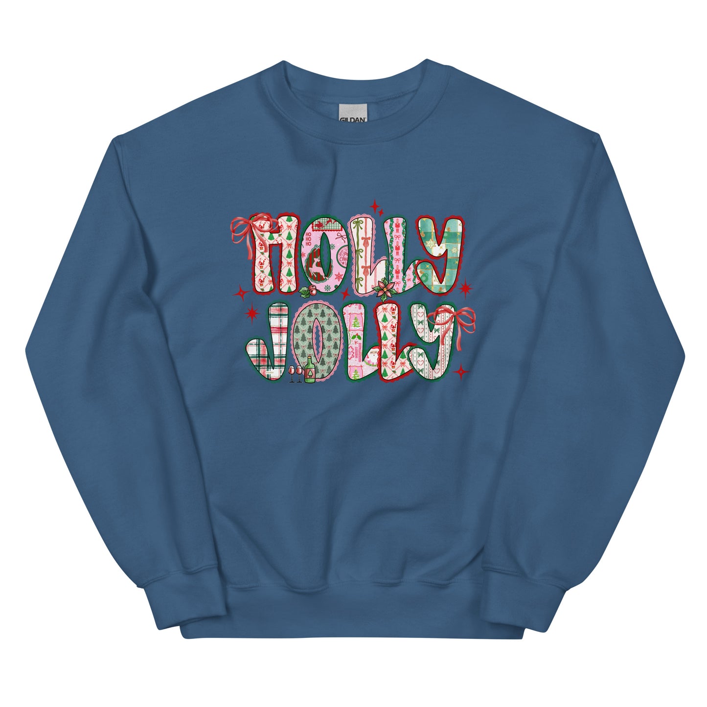 Holly Jolly Patchwork Christmas crewneck sweatshirt – cute festive holiday design with Santa, bows, and seasonal prints