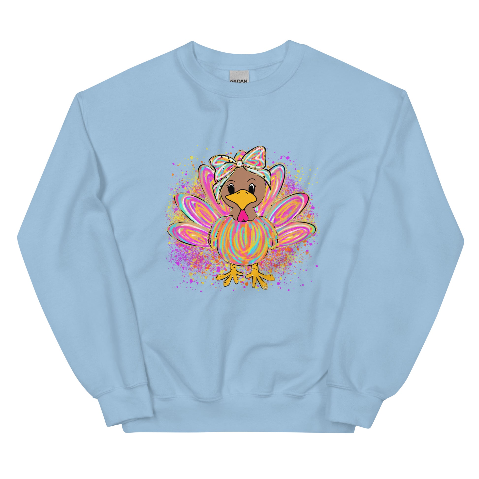 Festive pastel turkey graphic crewneck sweatshirt design displayed on assorted colors.