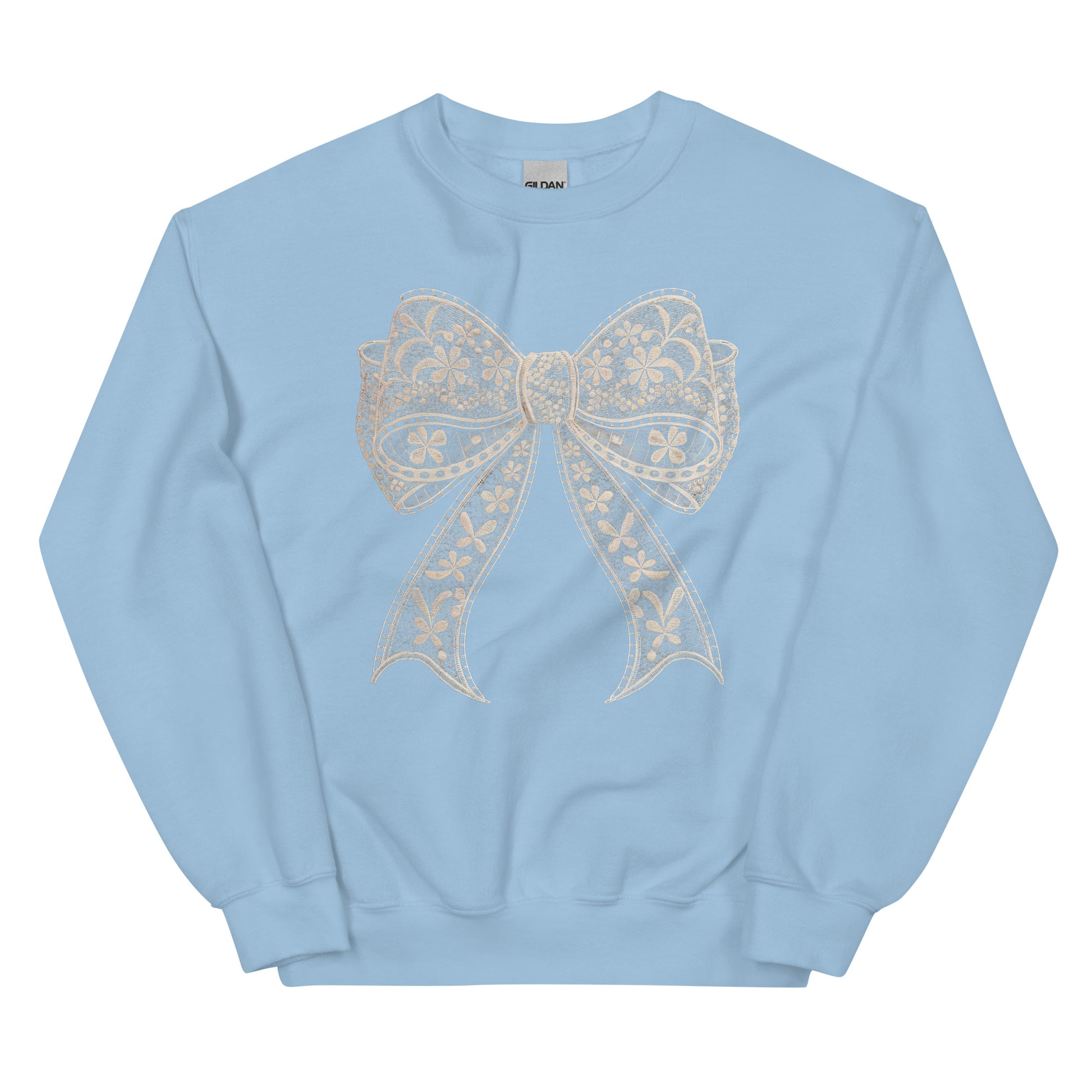Lace Coquette Bow Crewneck Sweatshirt – aesthetic soft-girl pullover with lace bow graphic.