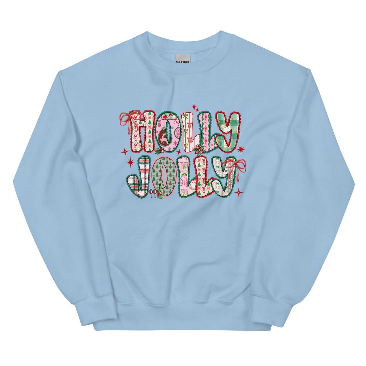 Holly Jolly Patchwork Christmas crewneck sweatshirt – cute festive holiday design with Santa, bows, and seasonal prints