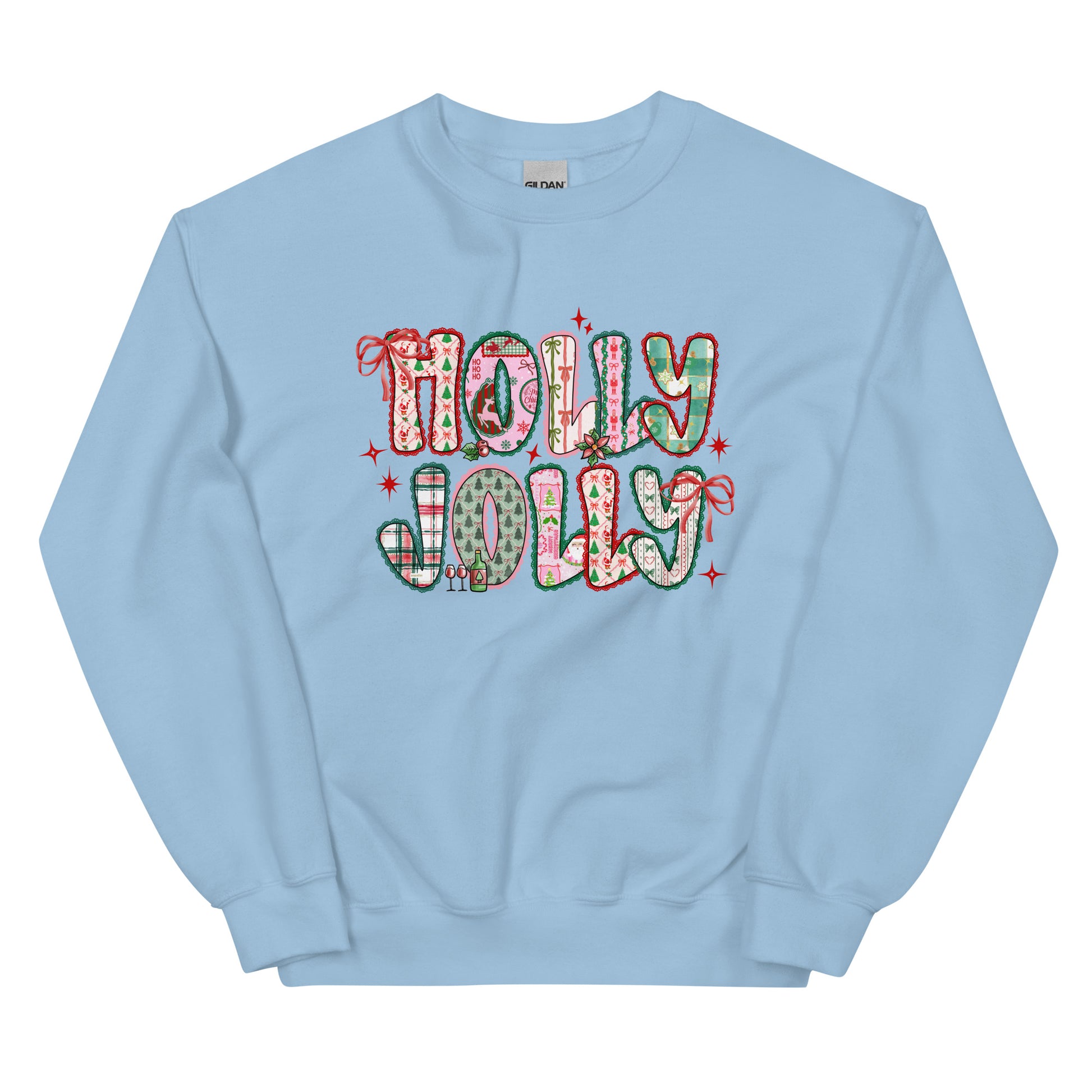 Holly Jolly Patchwork Christmas crewneck sweatshirt – cute festive holiday design with Santa, bows, and seasonal prints