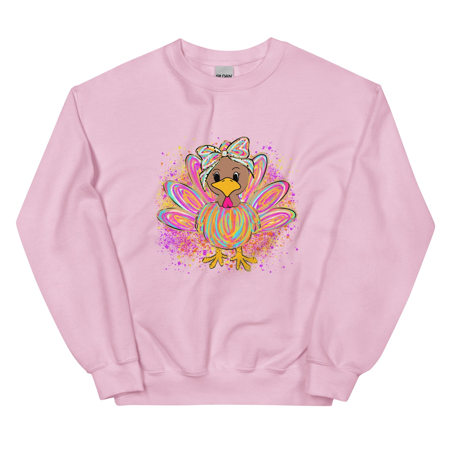 Festive pastel turkey graphic crewneck sweatshirt design displayed on assorted colors.