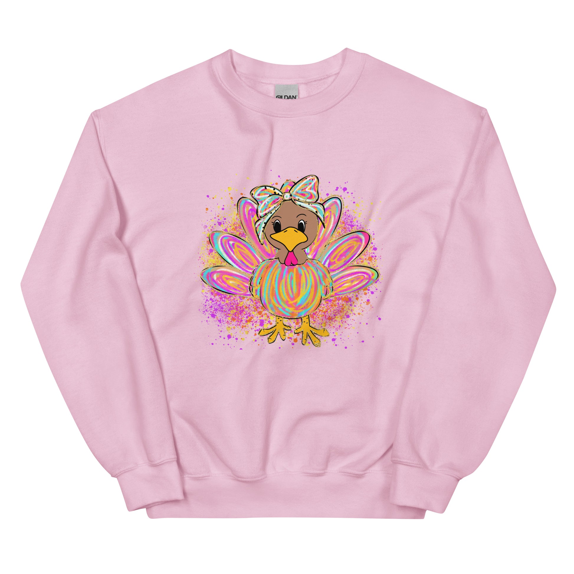 Festive pastel turkey graphic crewneck sweatshirt design displayed on assorted colors.