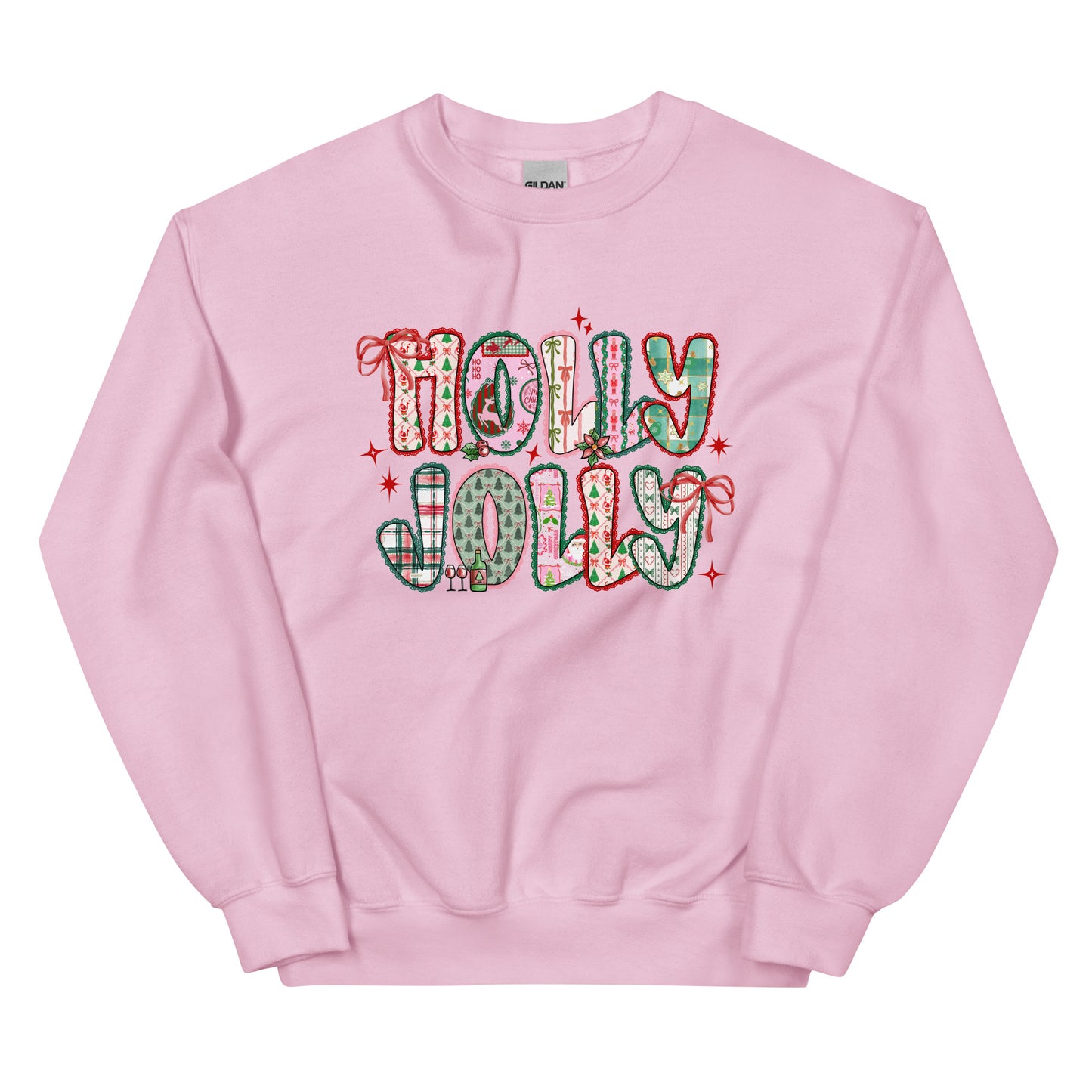 Holly Jolly Patchwork Christmas crewneck sweatshirt – cute festive holiday design with Santa, bows, and seasonal prints