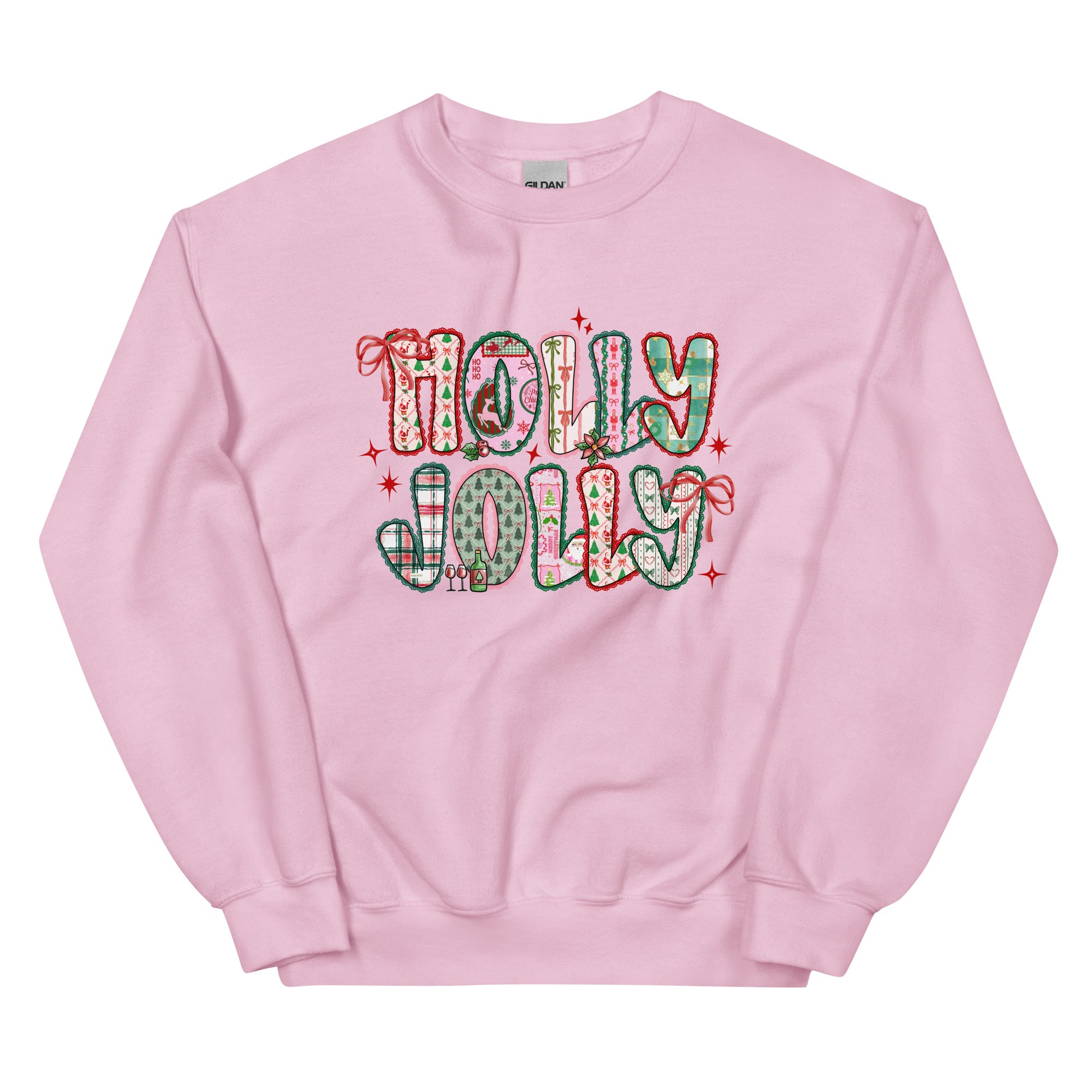 Holly Jolly Patchwork Christmas crewneck sweatshirt – cute festive holiday design with Santa, bows, and seasonal prints