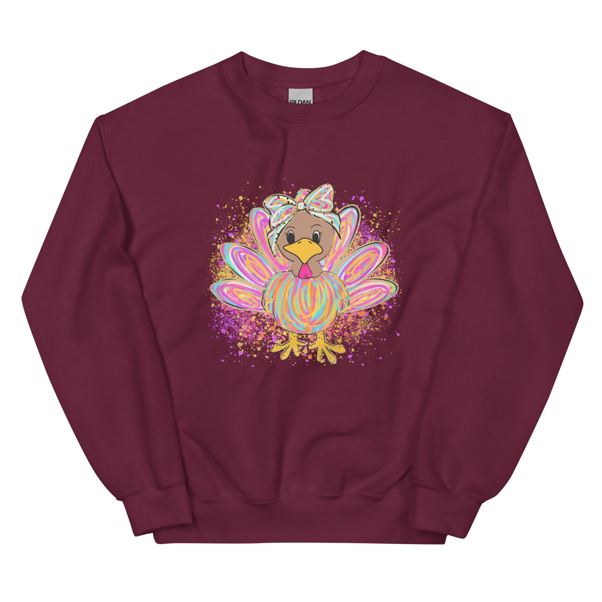 Festive pastel turkey graphic crewneck sweatshirt design displayed on assorted colors.