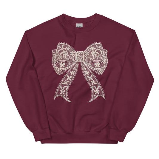 Lace Coquette Bow Crewneck Sweatshirt – aesthetic soft-girl pullover with lace bow graphic.