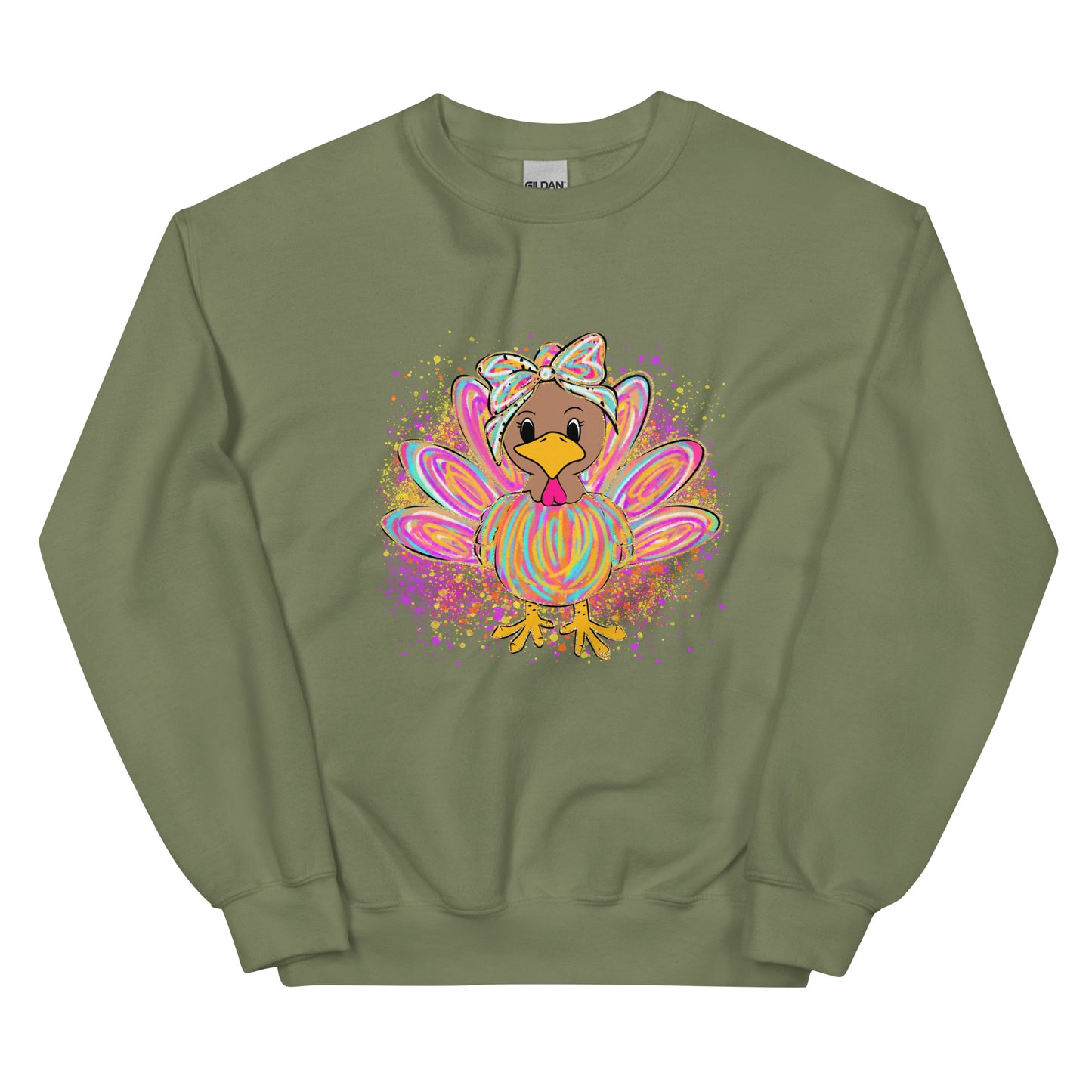 Festive pastel turkey graphic crewneck sweatshirt design displayed on assorted colors.